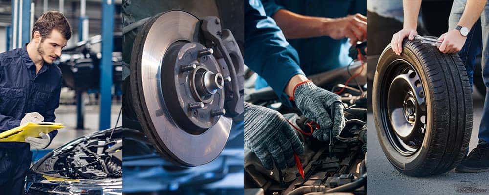 Four side-by-side images showing a mechanic checking the hood of a car, inspecting brake systems, working on the battery of a car, and measuring the tread of a tire.