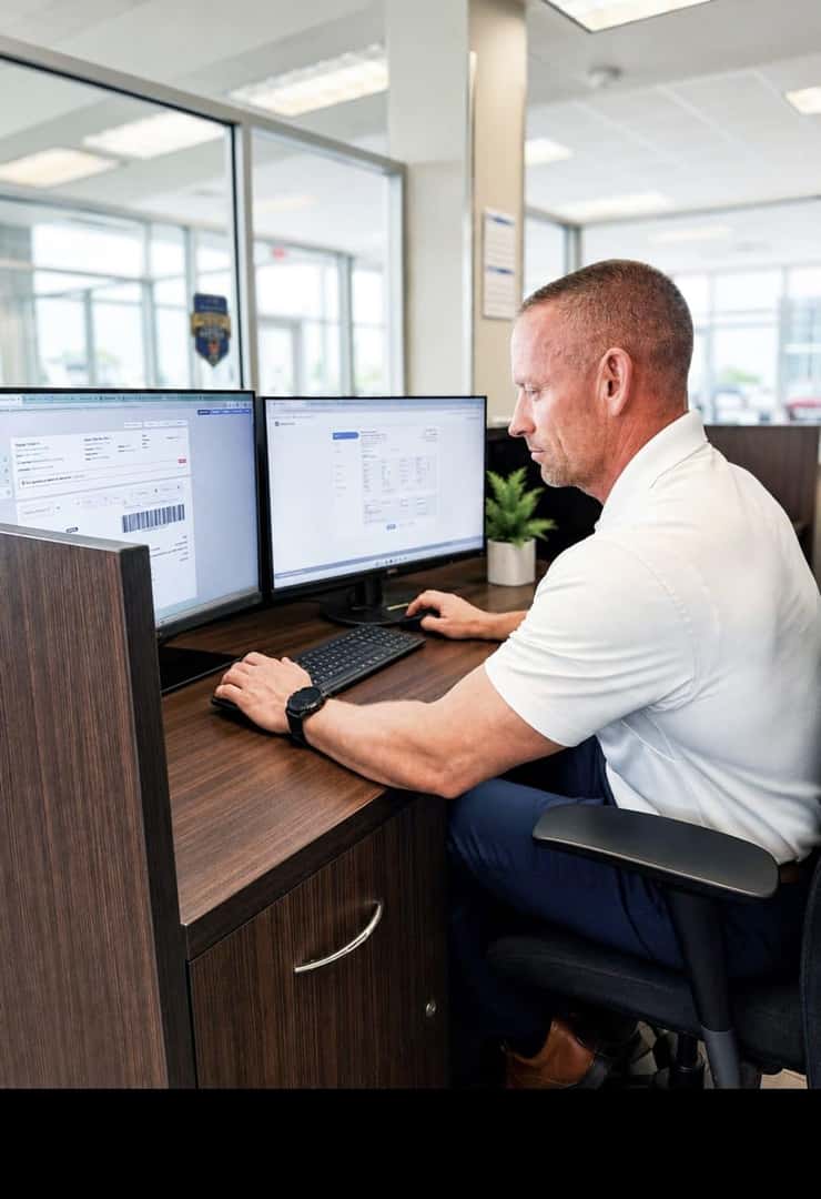 Allen Samuels sales manager reviewing inventory on a dual-monitor workstation