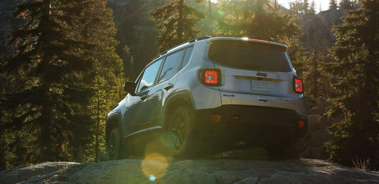 silver 2019 jeep renegade rearside facing user on rock surrounded by woods