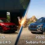 A 600x400 comparison image showing a red Mazda CX-5 on the left and a blue Subaru Forester on the right, separated by a central glowing 'VS' graphic and a diagonal divider line.