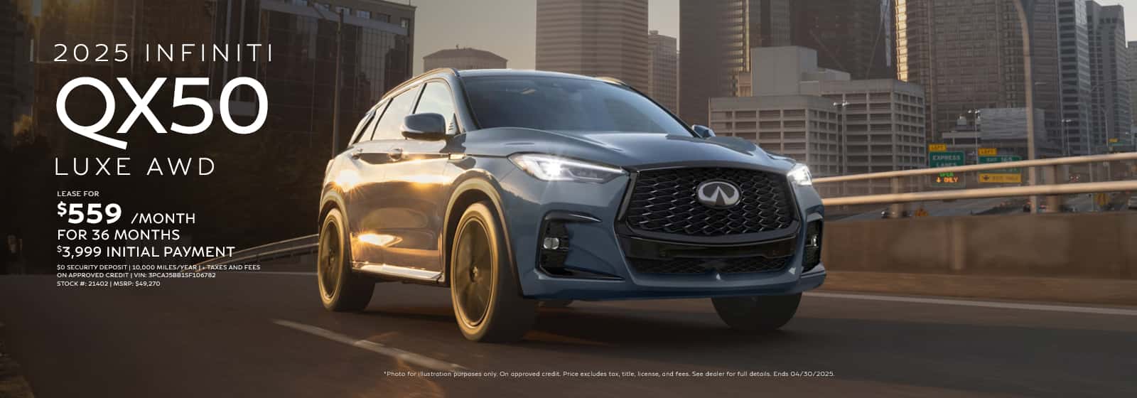 Photo for illustration purposes only. LEASE OFFER: MSRP: $49,270 | VIN: 3PCAJ5BB1SF106782 | Stock #: 21402 | 36 monthly lease payments of $559. $3,999 total due at lease signing, which includes $2,645 customer cash down, $559 first month's payment and $795 acquisition fee. $0 security deposit. Based on 10,000 miles per year, excess miles charged at $0.25 per mile. $300 Lease end termination fee. On approved credit. Price excludes tax, title, license, and fees. Offer ends 04/30/2025.