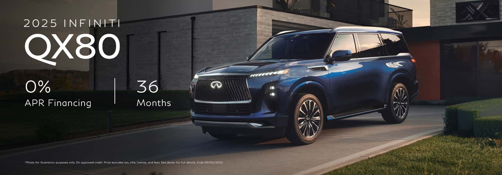 Photo for illustration purposes only. 0.0% APR financing for 36 months on new 2025 QX80 in retailer stock. Example: 10% down payment. 36 months financing at $27.78 per month per $1,000 financed at 0.0% for 36 months. Actual down payment may vary. Subject to residency restrictions. Subject to IFS credit approval. Not all buyers qualify. Retailer contribution may affect actual price set by retailer. Contact retailer for details. Ends 09/02/2025.