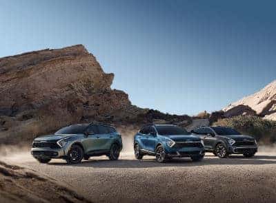 Sportage family lineup among a rocky, desert background