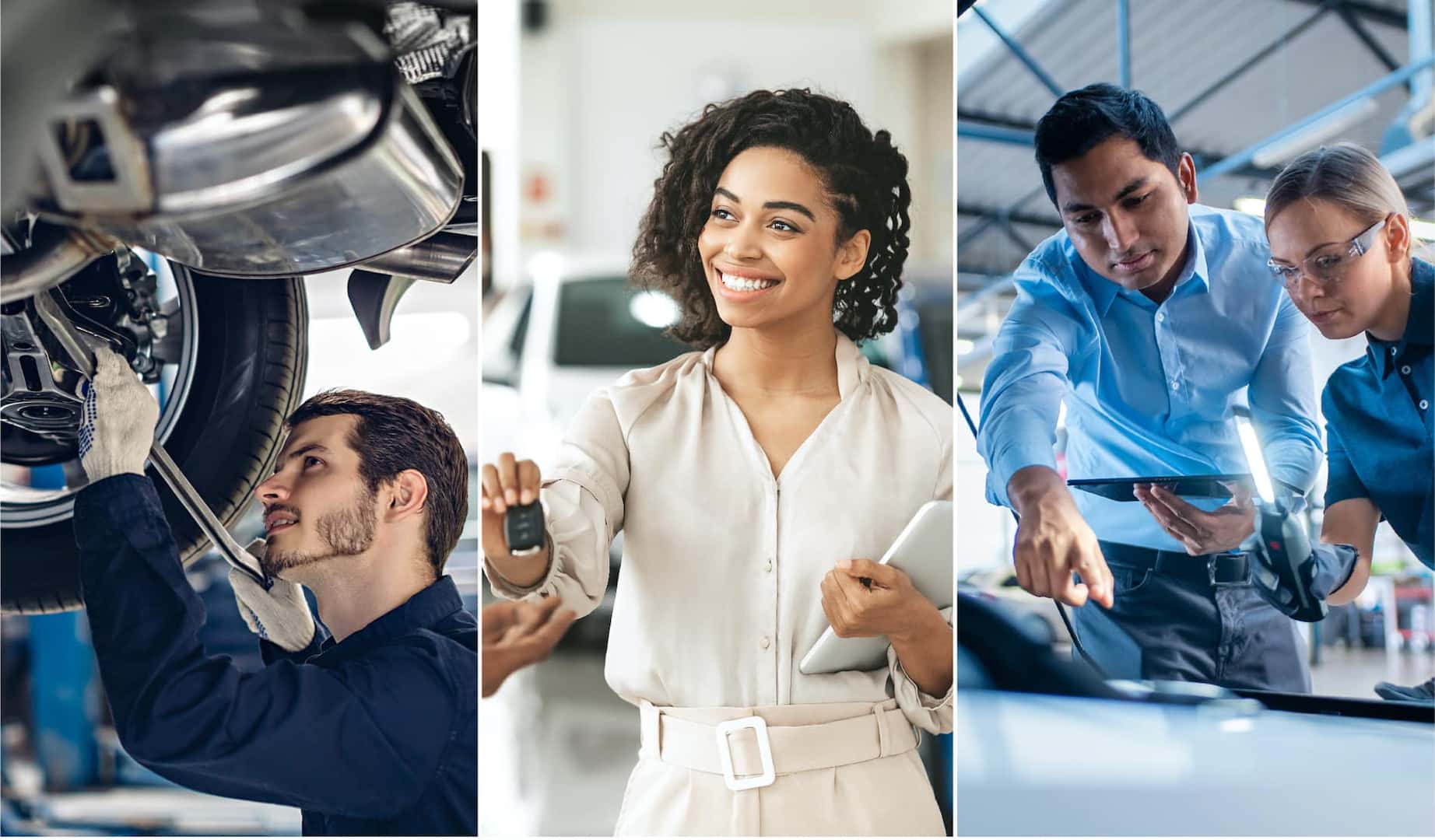 Three side by side images, with a mechanic working on a car, a car salesperson handing a customer car keys, and two technicians fixing a vehicle.