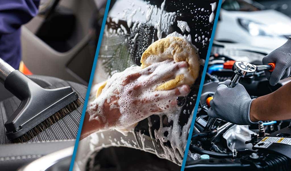 Collage image; vacuuming car seat; soapy hand & sponge cleaning car; inside of car hood with tools and hands using tools