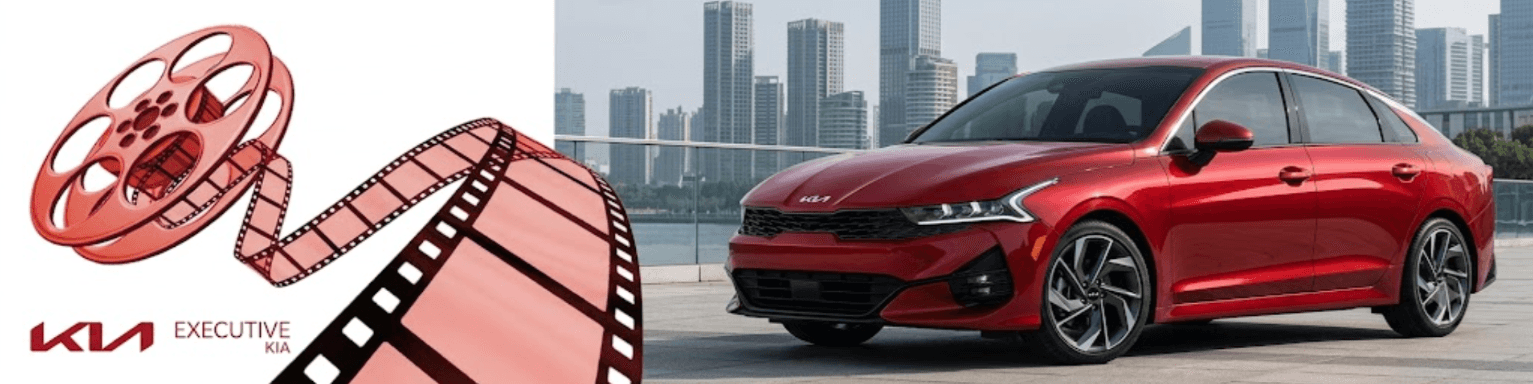 2026 Red Kia sedan in an urban setting with film reel design