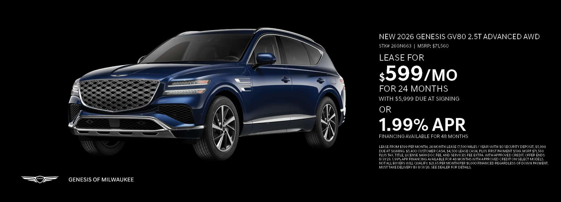 Aug 26 - Save on a new 2026 Genesis GV80 2.5T Select AWD near Milwaukee