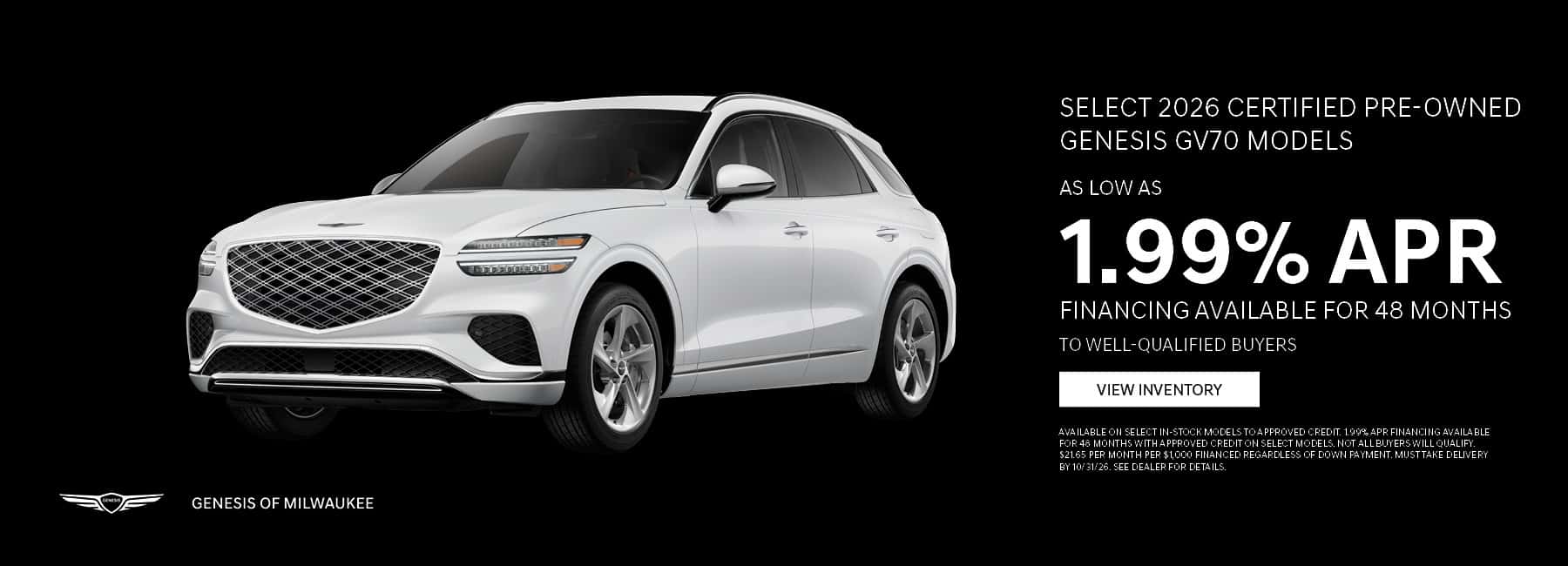As Low As 1.99% APR Financing on Select 2026 Certified Pre-Owned Genesis GV70!