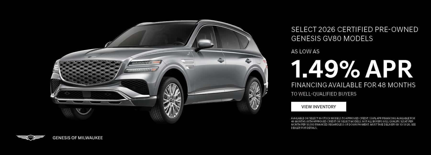 As Low As 1.49% APR Financing on Select 2026 Certified Pre-Owned Genesis GV80!
