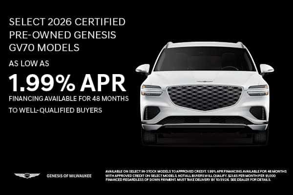 Get As Low As 1.99% APR Financing on Select 2026 Certified Pre-Owned Genesis GV70!
