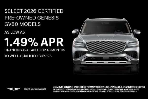 Get As Low As 1.49% APR Financing on Select 2026 Certified Pre-Owned Genesis GV80!