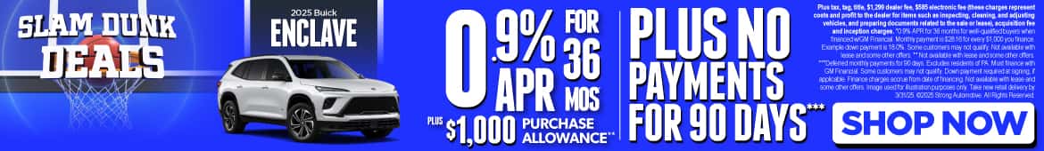 2025 Buick Enclave 0.9% APR for 36 Months* PLUS $1,000 Purchase Allowance** PLUS No Payments for 90 Days***
