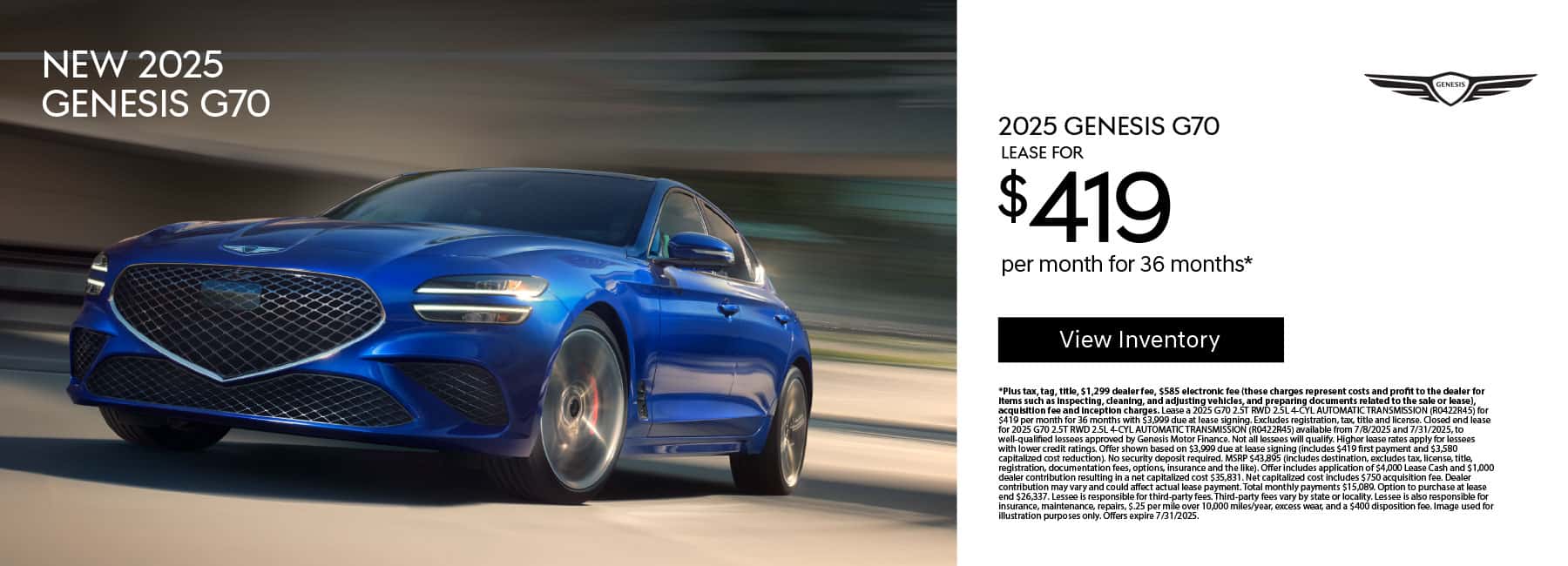 New 2025 Gensis G70 Lease for $419 a month for 36 Months*