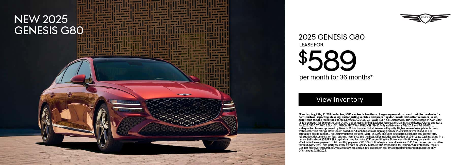 New 2025 Gensis G80 Lease for $589 a month for 36 Months*