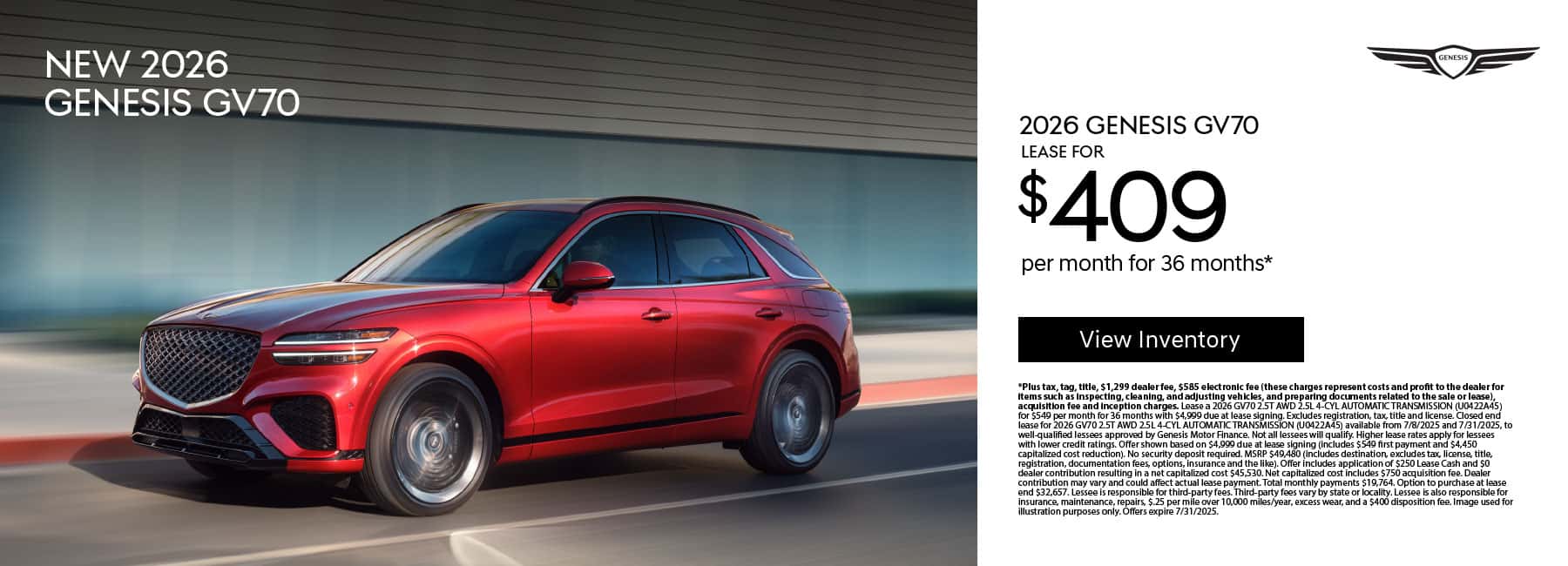 New 2026 Gensis GV70 Lease for $409 a month for 36 Months*