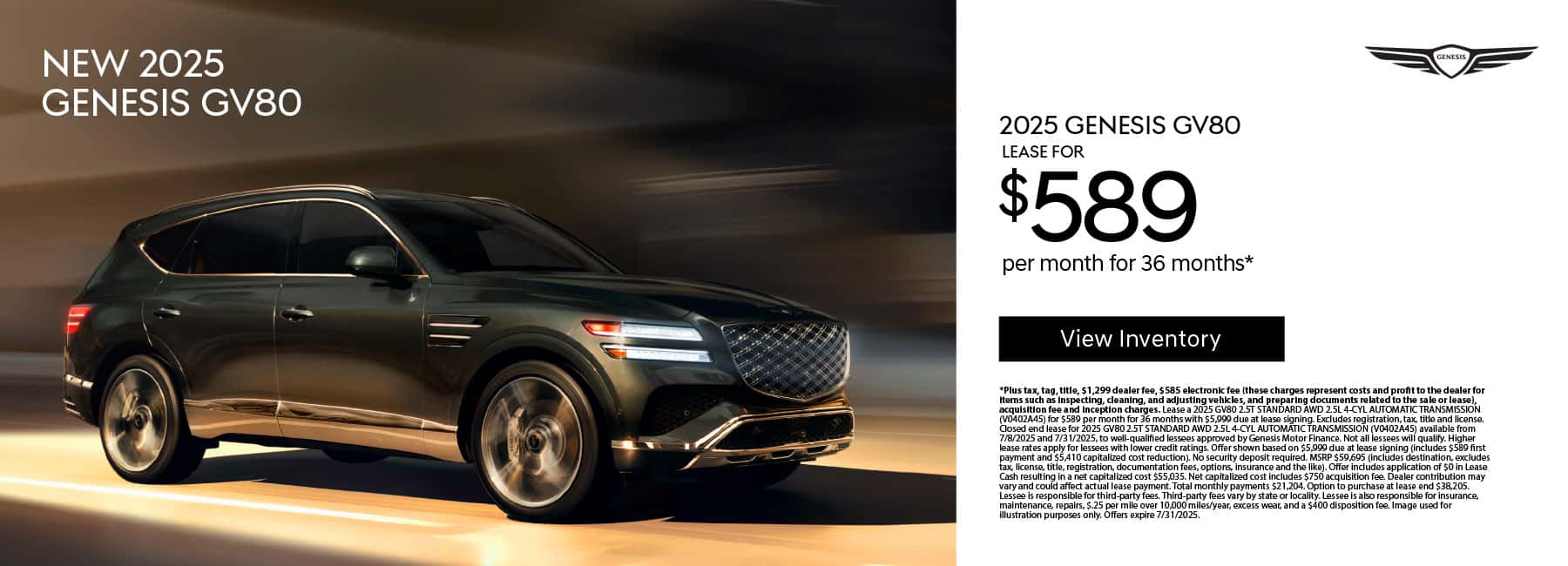 New 2025 Gensis GV80 Lease for $589 a month for 36 Months*