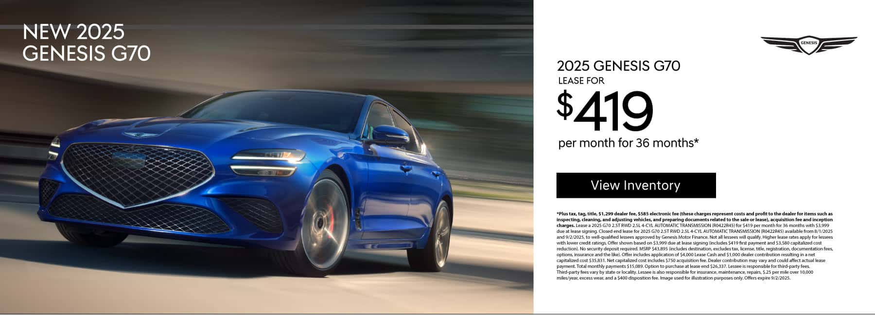 New 2025 Genesis G70 Lease for $419 a month for 36 Months*