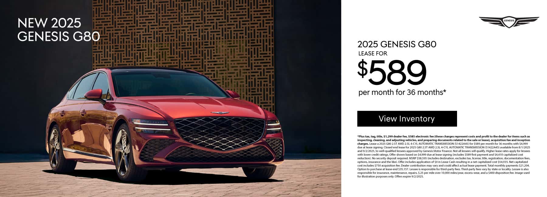 New 2025 Genesis G80 Lease for $589 a month for 36 Months*