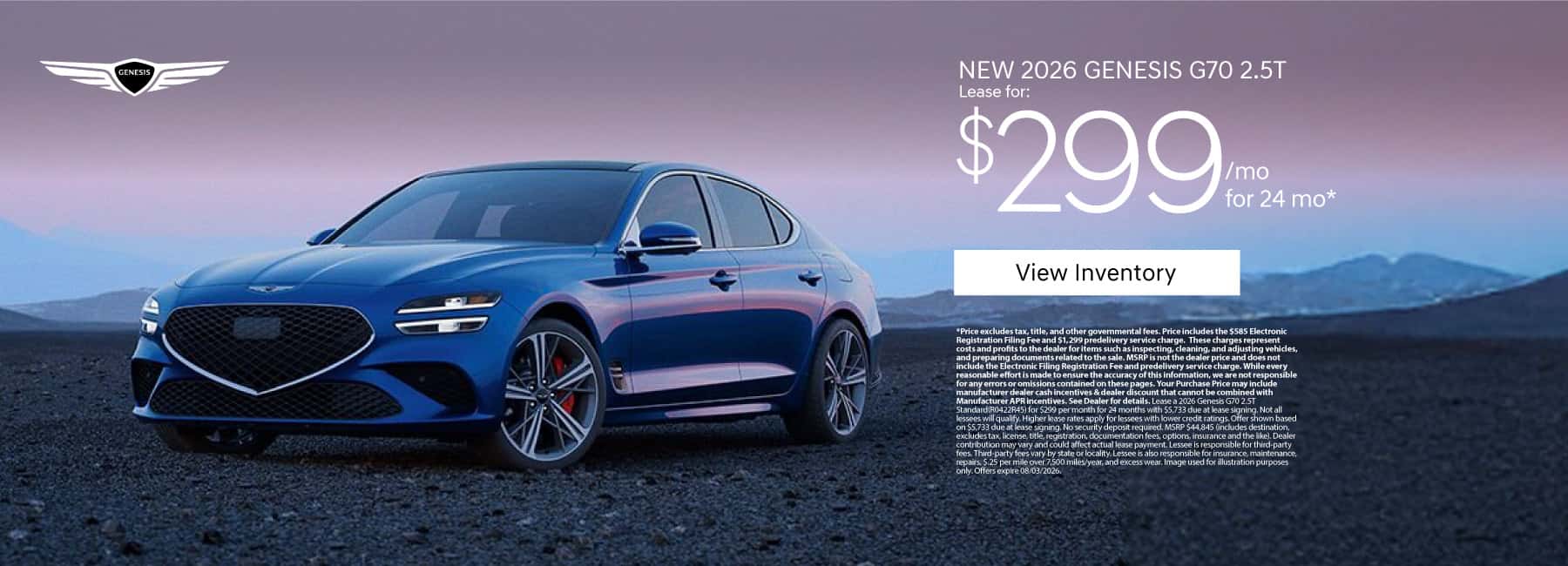 New 2026 Genesis G70 2.5T Lease for $299 a month for 24 Months*