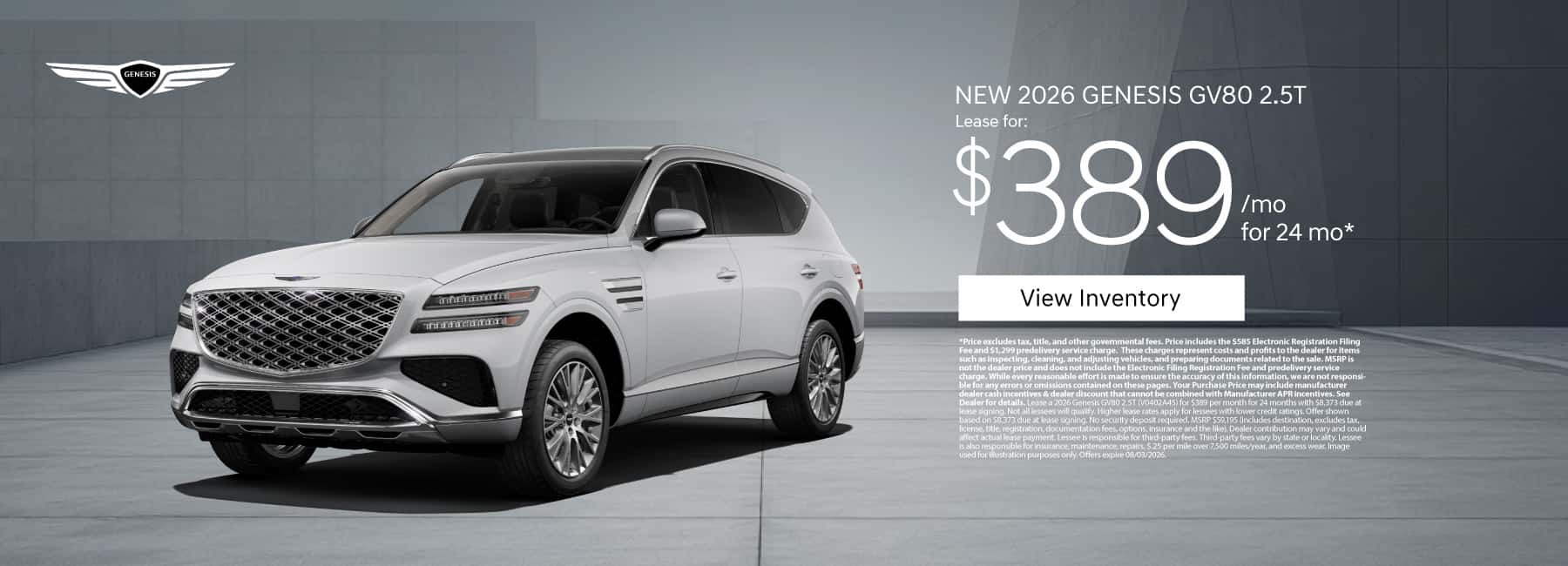 New 2026 Genesis GV80 2.5T Lease for $389 a month for 24 Months*