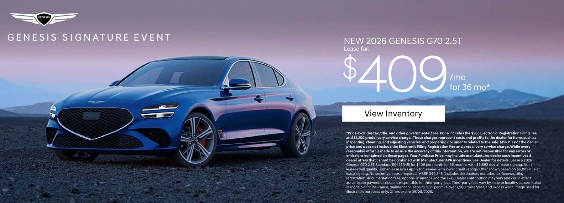 New 2026 Genesis G70 2.5T Lease for $409 a month for 36 Months*