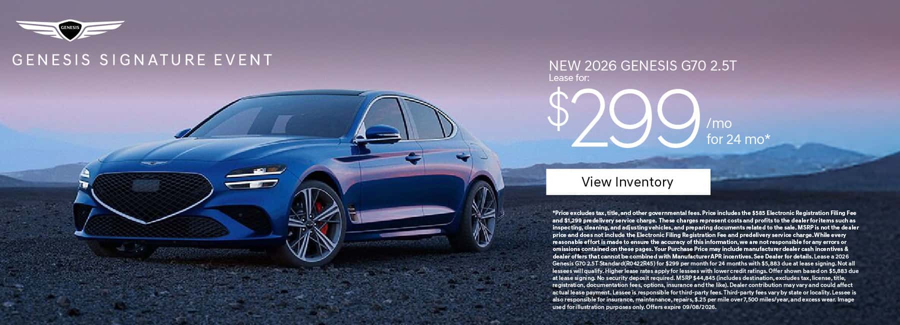 New 2026 Genesis G70 2.5T Lease for $299 a month for 24 Months*