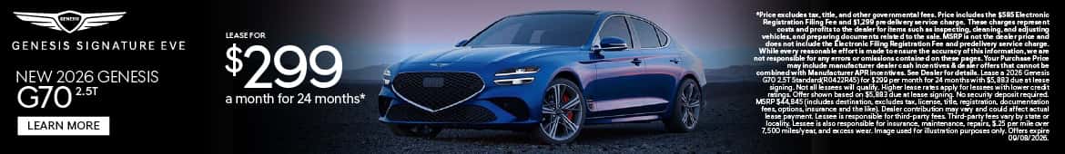 New 2026 Genesis G70 2.5T Lease for $299 a month for 24 Months*