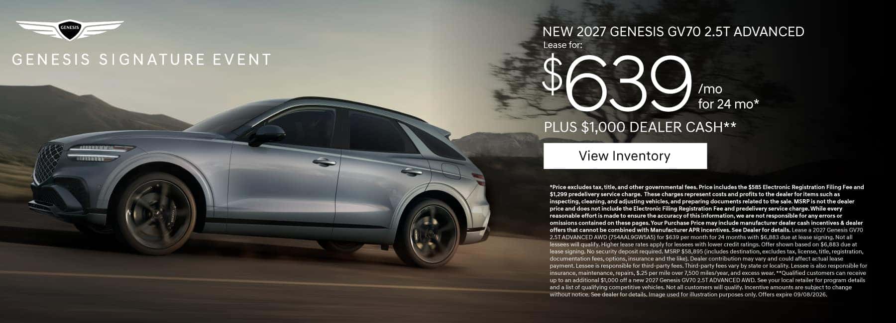 New 2027 Genesis GV70 2.5T Advanced Lease for $639 a month for 24 months* PLUS $1,000 Dealer Cash**