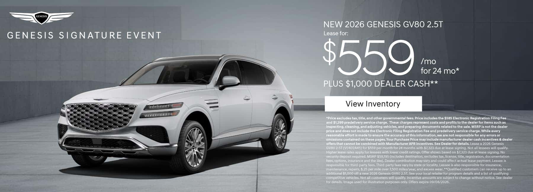 New 2026 Genesis GV80 2.5T Lease for $559 a month for 24 Months* PLUS $1,000 Delaer Cash**