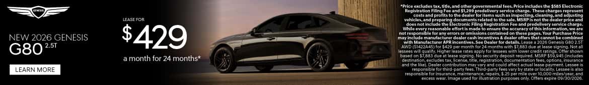 New 2026 Genesis G80 2.5T Lease for $429 a month for 24 months*