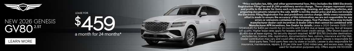 New 2026 Genesis GV80 2.5T Lease for $459 a month for 24 Months*