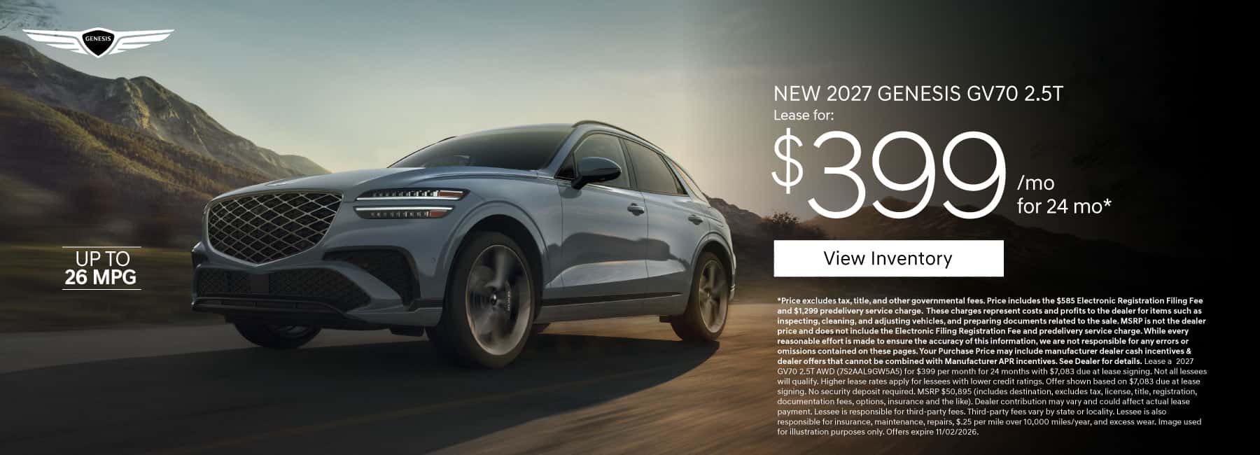 New 2027 Genesis GV70 2.5T Lease for $399 a month for 24 Months*