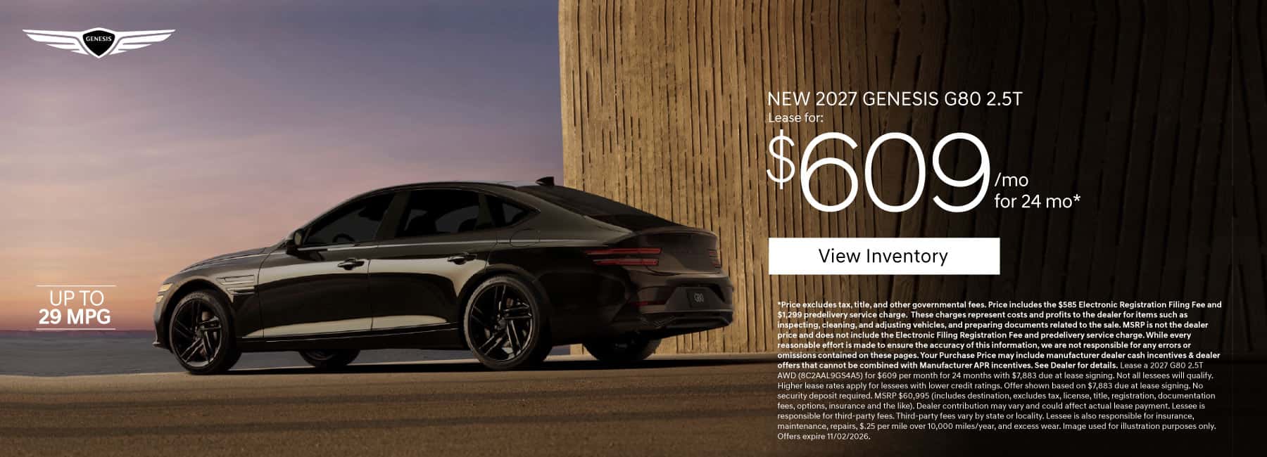 New 2027 Genesis G80 2.5T Lease for $609 a month for 24 months*