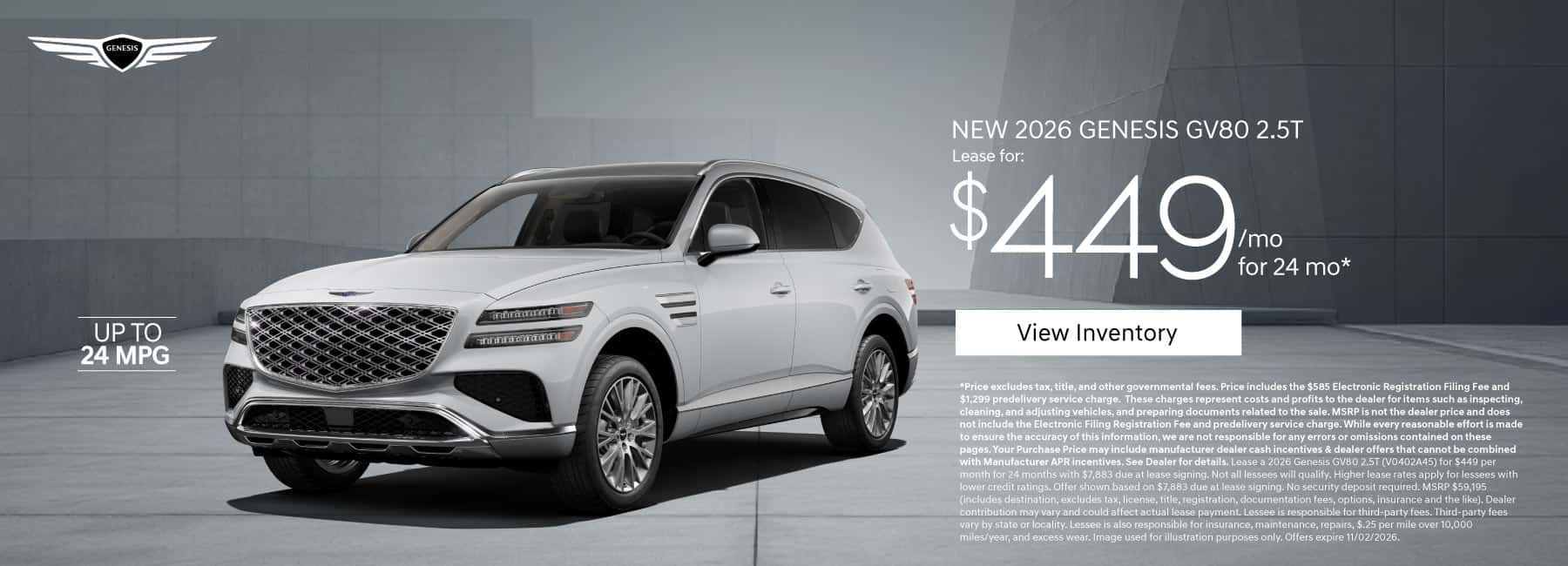 New 2026 Genesis GV80 2.5T Lease for $449 a month for 24 Months*