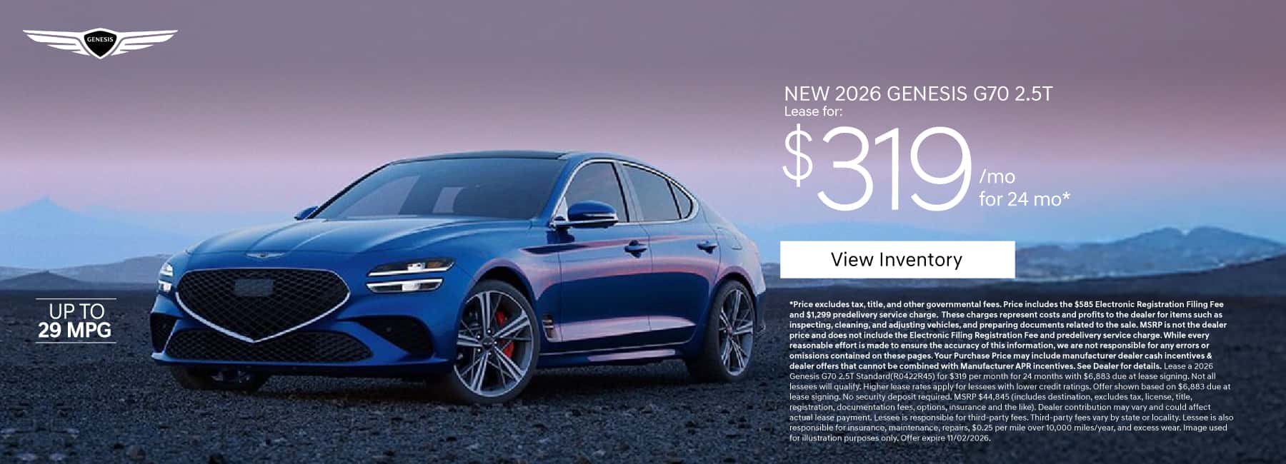 New 2026 Genesis G70 2.5T "Lease for $319 a month for 24 Months* Up to 29 MPG"