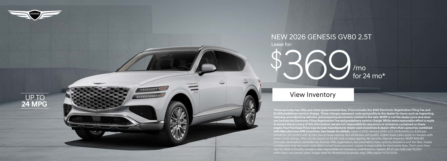 New 2026 Genesis GV80 2.5T "Lease for $369 a month for 24 Months* Up to 24 MPG"