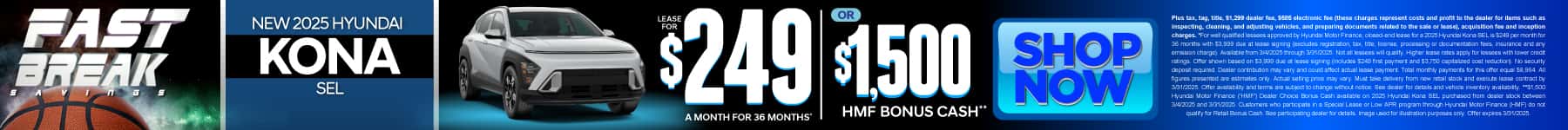 2025 Hyundai Kona SEL $249 for 36 months* or $1,500 HMF Bonus Cash**