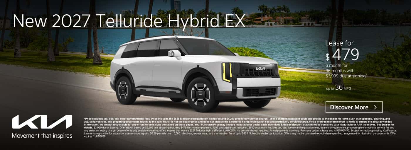 New 2027 Telluride Hybrid EX "Lease for $479 a month for 36 Months with $3,999 due at signing* Up to 36 MPG"