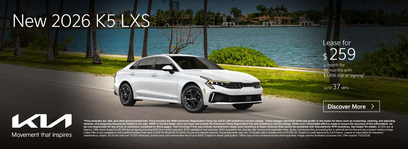 New 2026 K5 LXS "Lease for $259 a month for 36 months with $3,499 Due at signing* Up to 37 MPG"