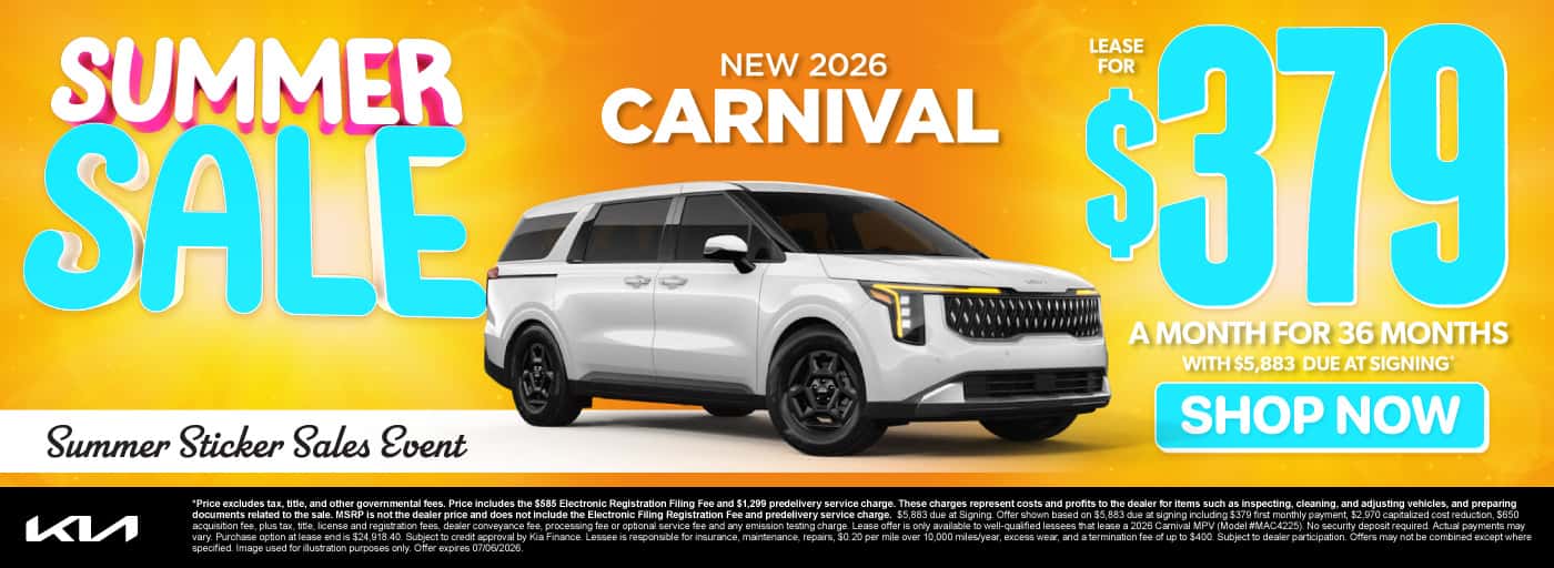 New 2026 Carnival MPV FWD Lease for $379 a month for 36 months with $5,883 Due at signing*