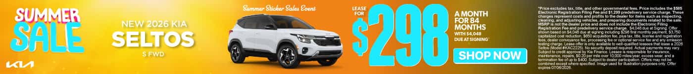 New 2026 Kia Seltos S FWD Lease for $298 a month for 84 months with $4,048 due at signing*