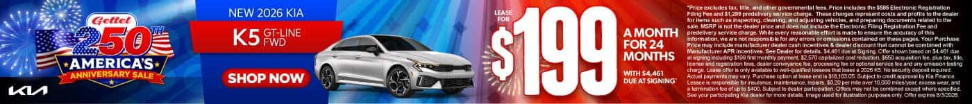 New 2026 K5 GT-Line FWD Lease for $199 a month for 24 months with $4,461 due at signing*