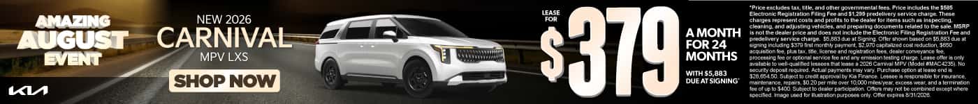 New 2026 Carnival MPV LXS Lease for $379 a month for 24 months with $5,883 Due at signing*