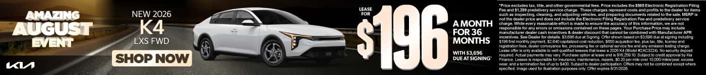 New 2026 K4 LXS FWD Lease for $196 a month for 36 months with $3,696 Due at signing*