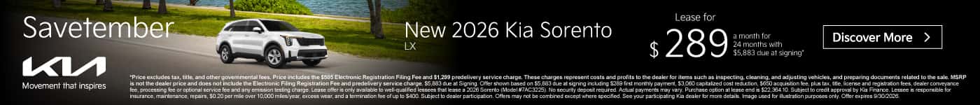 New 2026 Kia Sorento LX Lease for $289 a month for 24 months with $5,883 Due at signing*