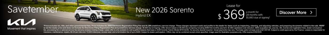 New 2026 Sorento Hybrid EX Lease for $369 a month for 24 months with $5,883 Due at signing*