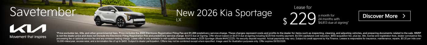 New 2026 Kia Sportage LX Lease for $229 a month for 24 months with $4,813 due at signing*