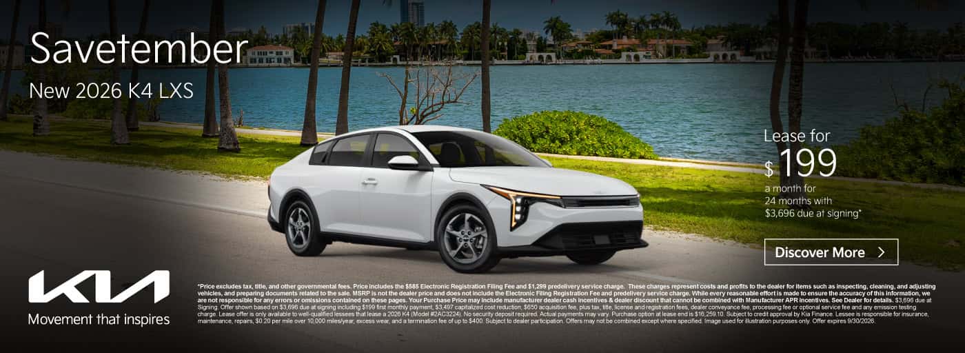 New 2026 K4 LXS Lease for $199 a month for 24 months with $3,696 Due at signing*