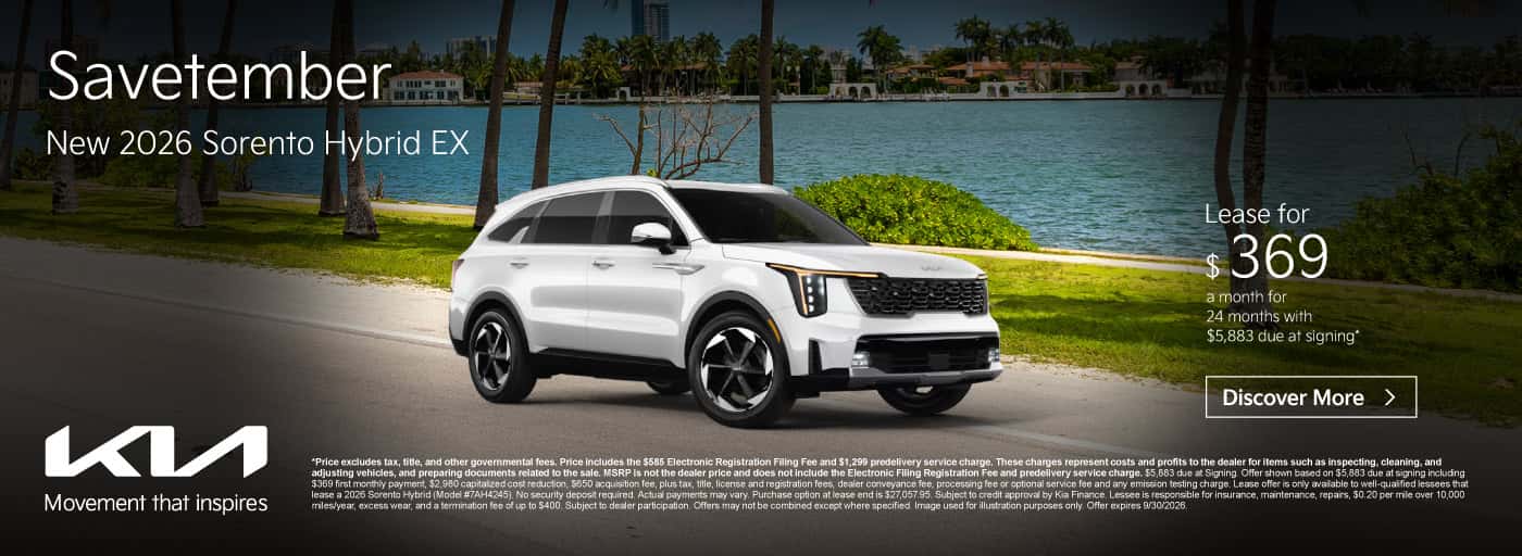 New 2026 Sorento Hybrid EX Lease for $369 a month for 24 months with $5,883 Due at signing*