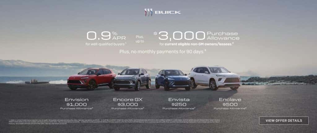 0.9 XPR for well-qualified buyers." Plus, up to $3000 Purchase Allowance for current eligible non-M owners/lessees.? Plus, no monthly payments for 90 days.3 Envision $1,000 Purchase Allowance? Encore GX $3,000 Purchase Allowance? Envista $250 Purchase Allowance? Enclave $500 Purchase Allowance?